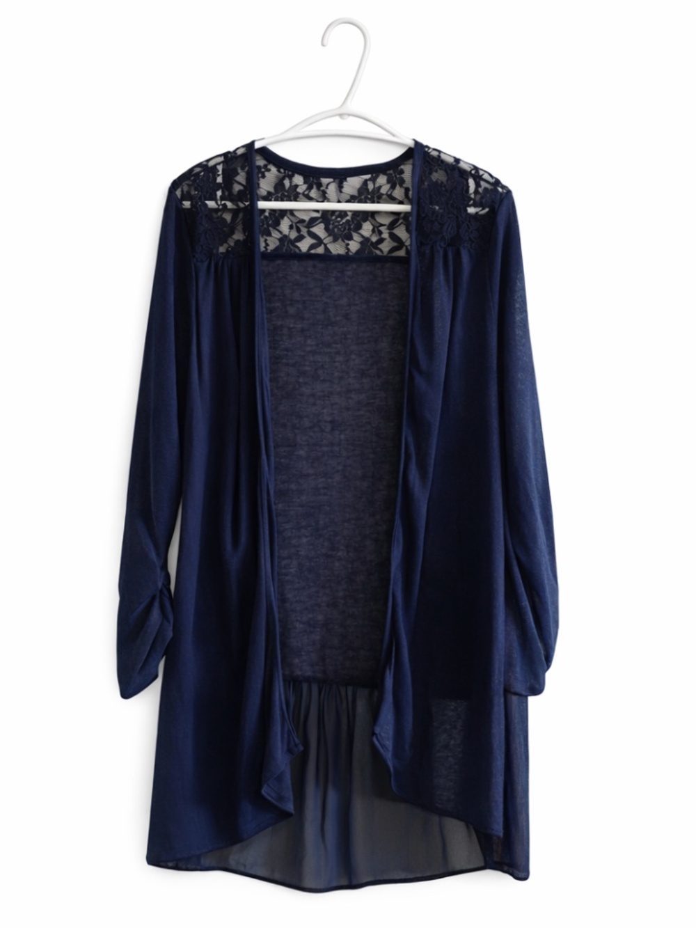 4/$20➡️  Massini Navy Blue Waterfall Cardigan with Lace Detailing – Size XL Fair